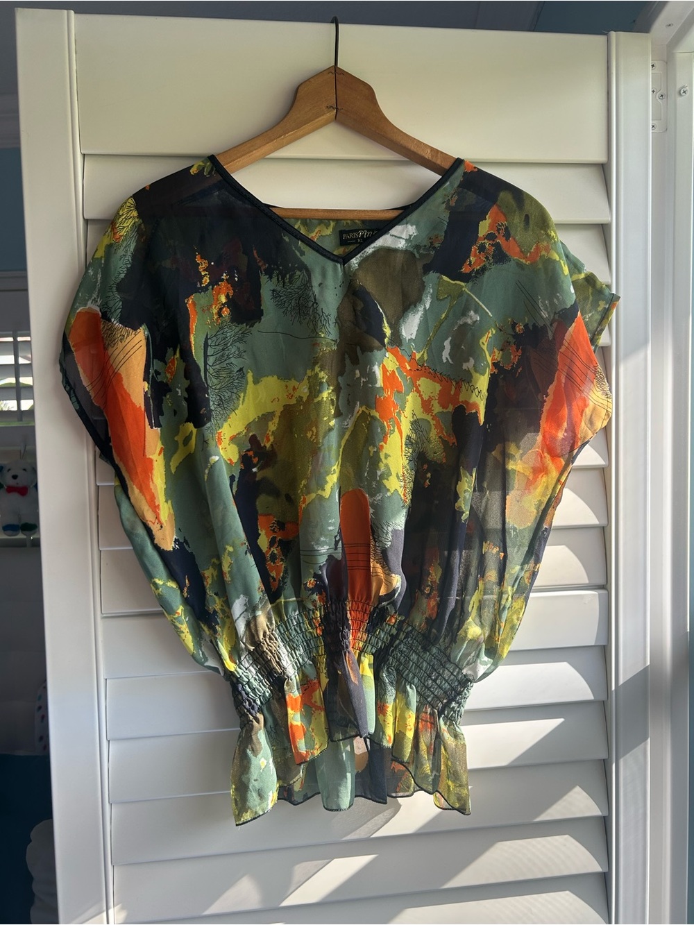 Paris Pink Abstract Watercolor Sheer Blouse Smocked Waist Top